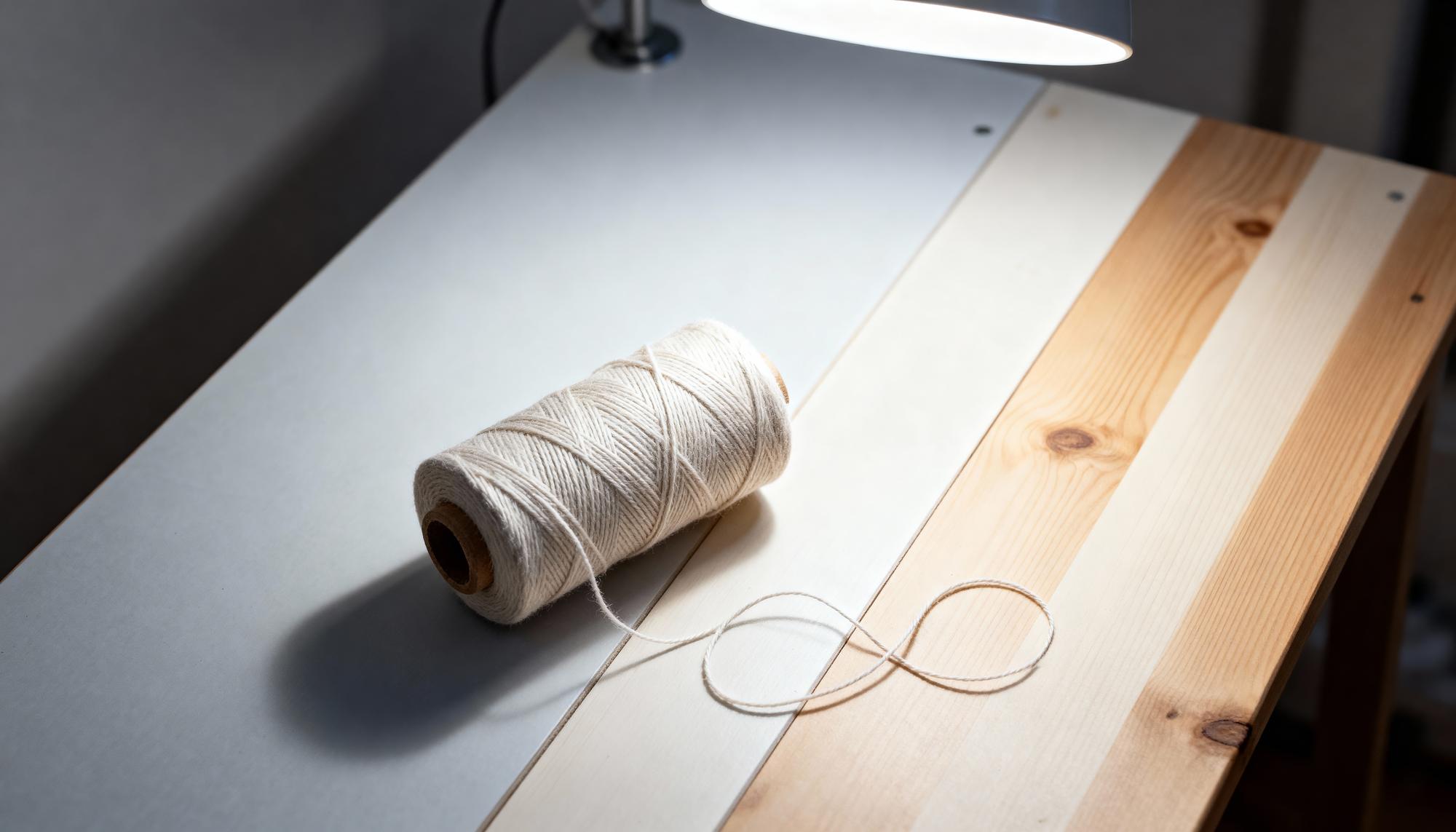 Workshop table with threads and embroidered sample